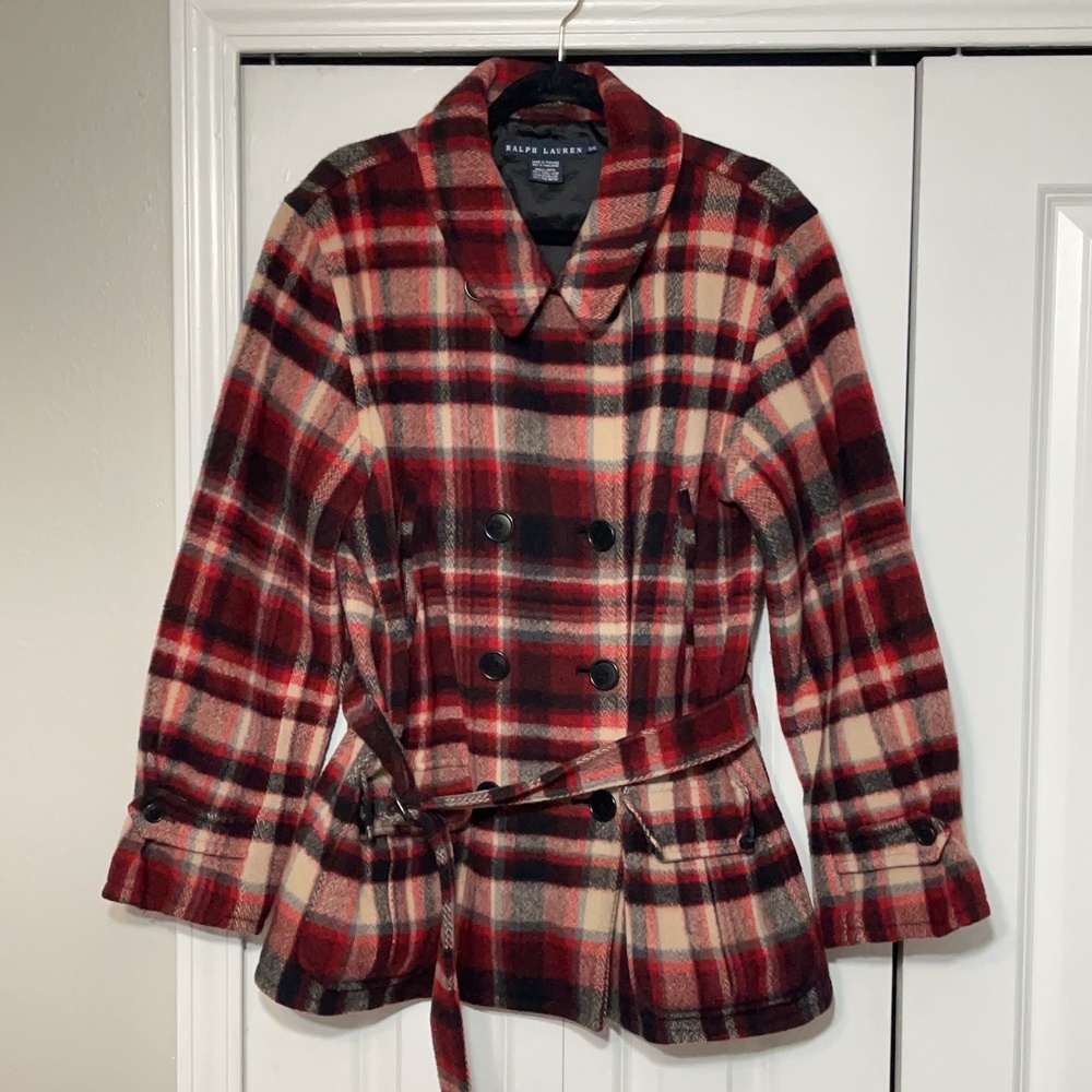 Ralph Lauren Coat Womens Plaid Wool Belted Herringbone Jacket Mackinaw 30s Chore